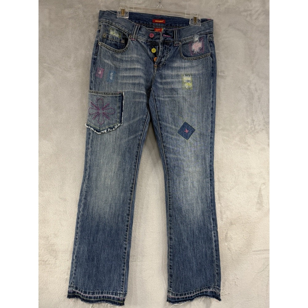 VTG Y2K Blue Asphalt Patchwork Flare Jeans Size 11 Funky Boho Hippie Fairycore